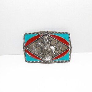1990 C & J Enameled Pewter Belt Buckle Native American on Horse
